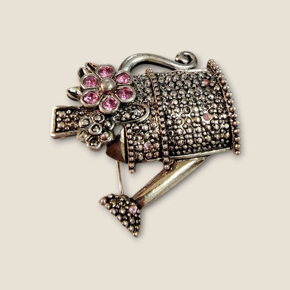 Vintage Watering Can Brooch With Pink  Floral Rhinestones & Silver-Tone Metal - Picture 2 of 4